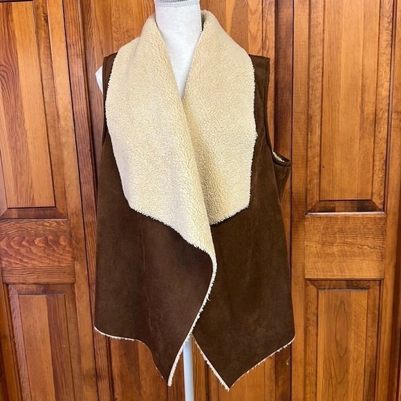 Chaps Brown Sherpa Lined Faux Suede Open Sleeveless Vest XL - Picture 1 of 7